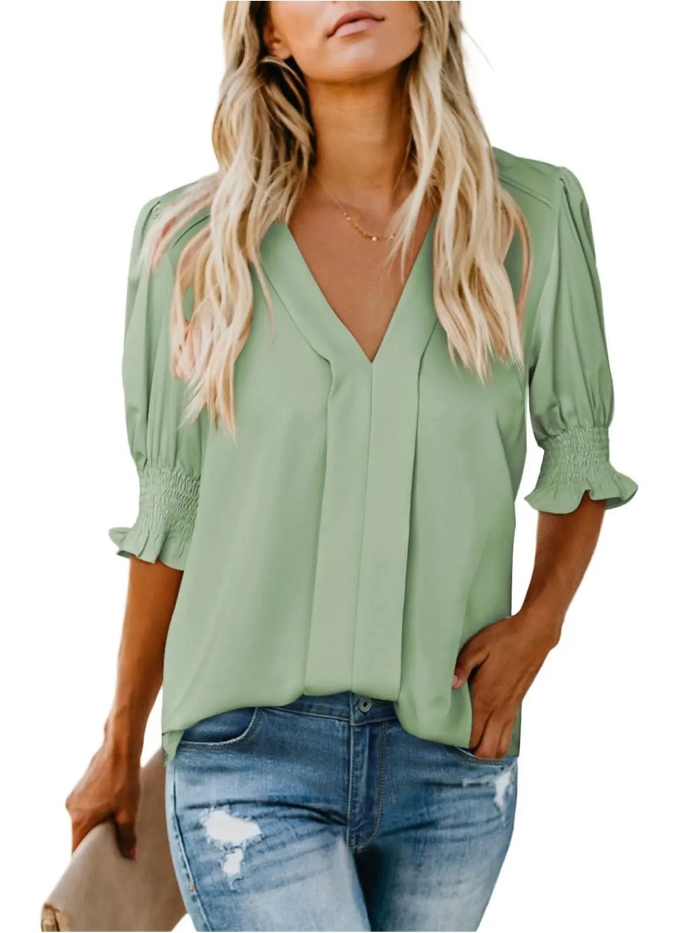 Women's Sage Green Puff-Sleeve Blouse